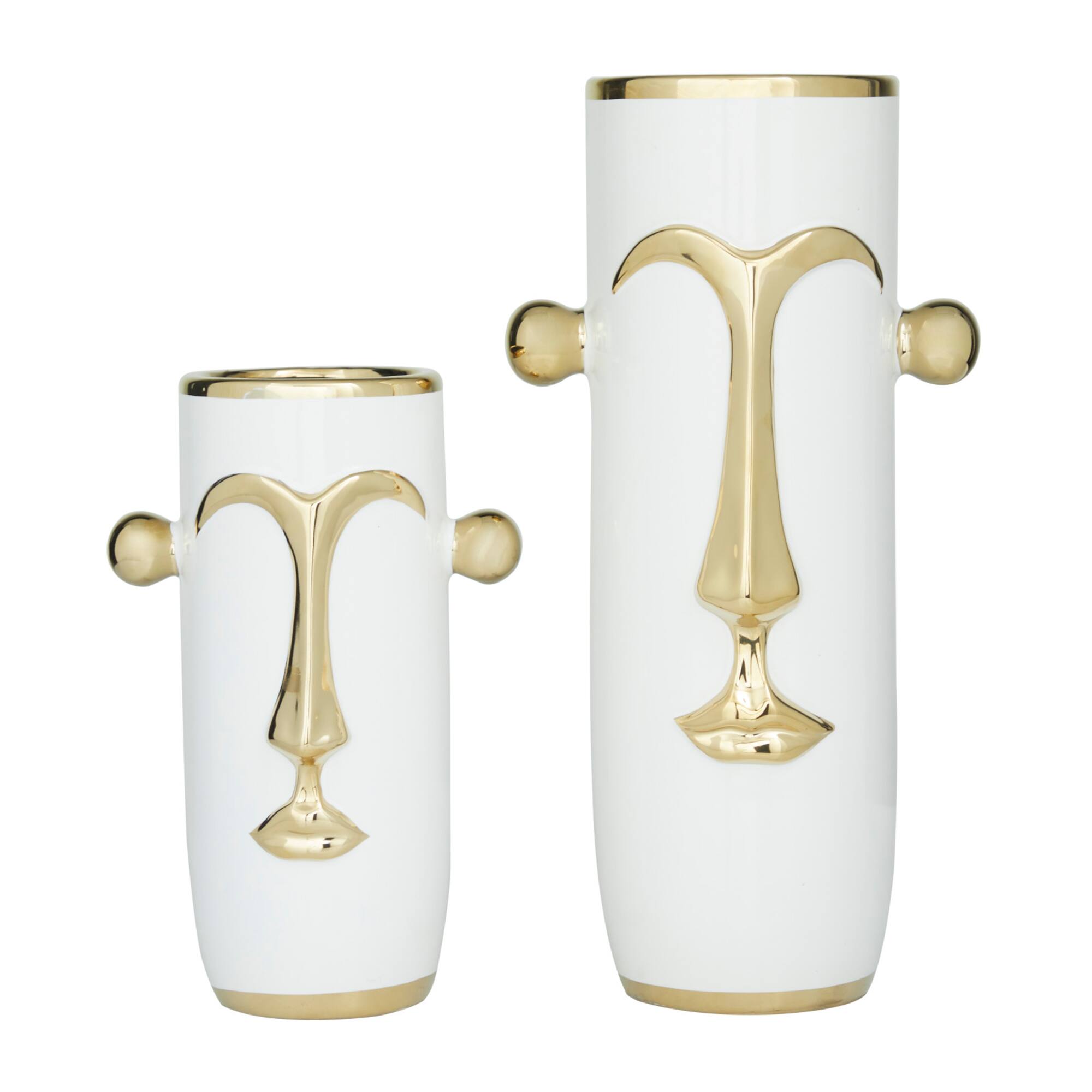 Set of 2" White Stoneware Modern Vase 16", 11"
